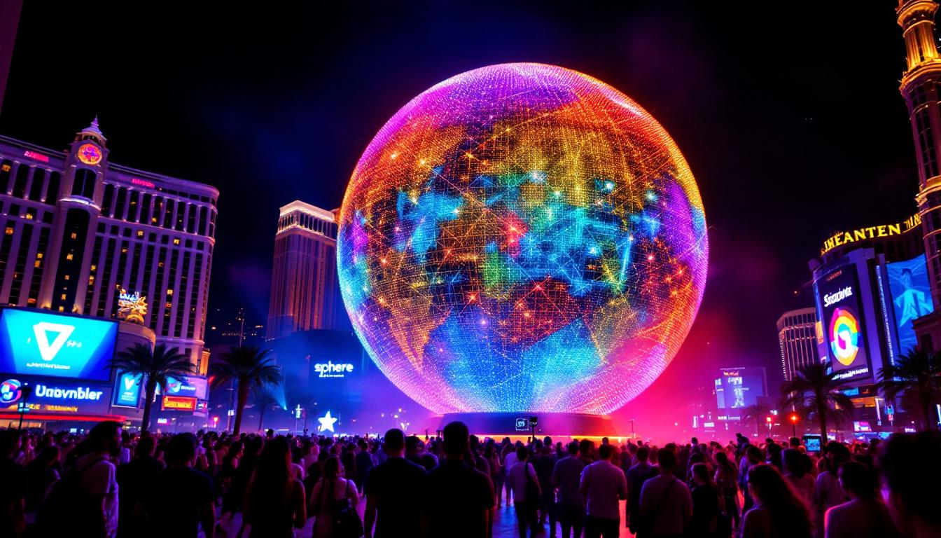 A photograph of capture a photograph of the sphere in las vegas at night