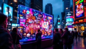 A photograph of a vibrant led transparent film display in an urban setting