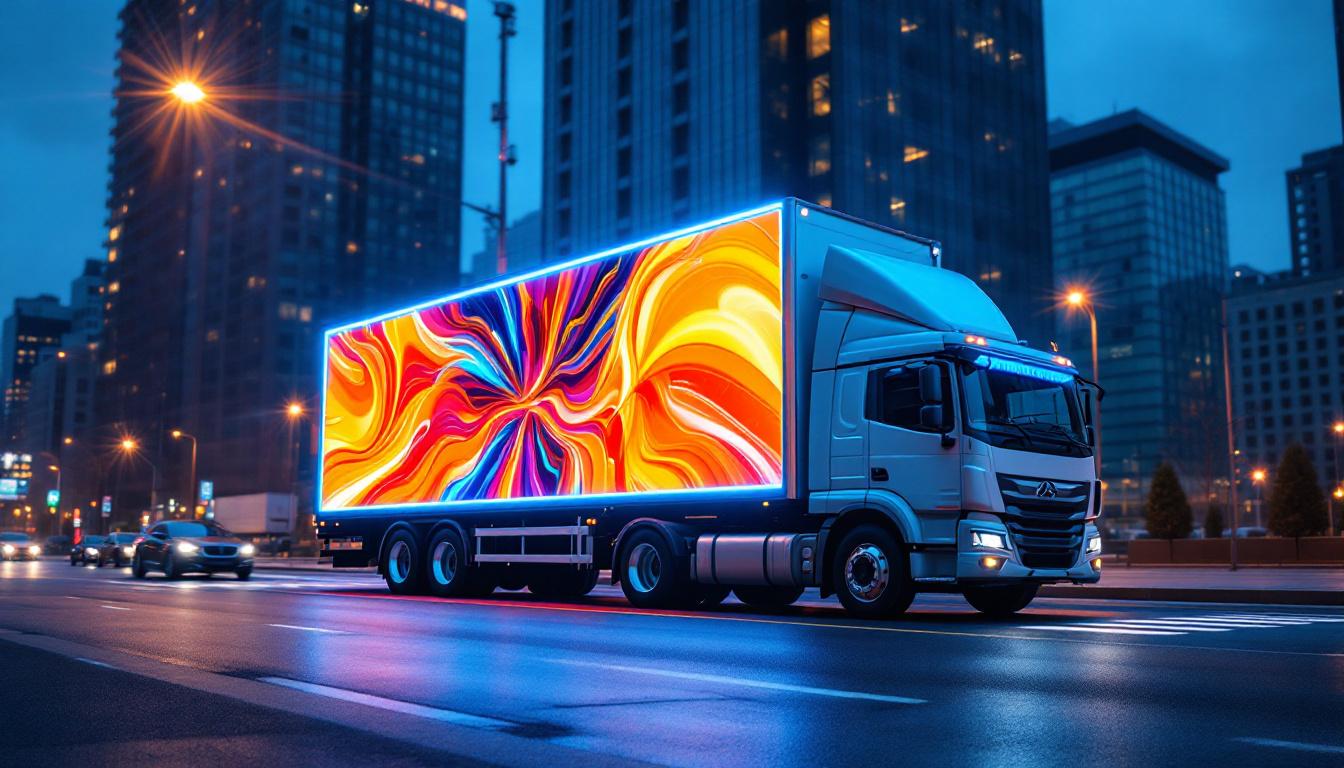 A photograph of a vibrant billboard truck displaying dynamic led graphics in an urban setting