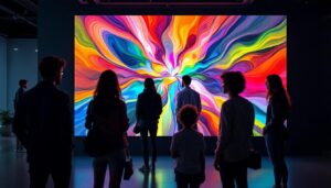 A photograph of a vibrant digital art display showcasing a dynamic piece of artwork on an led screen
