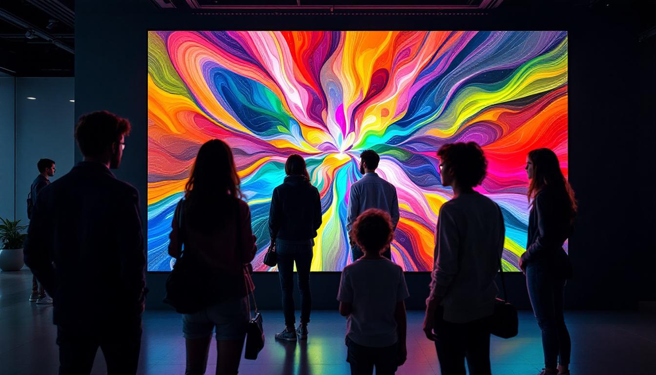 A photograph of a vibrant digital art display showcasing a dynamic piece of artwork on an led screen