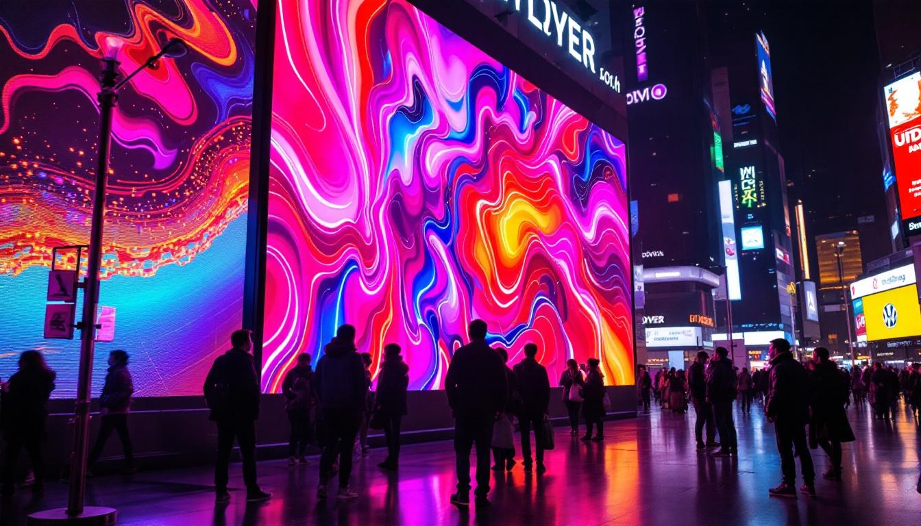 A photograph of a vibrant led display in a dynamic urban setting