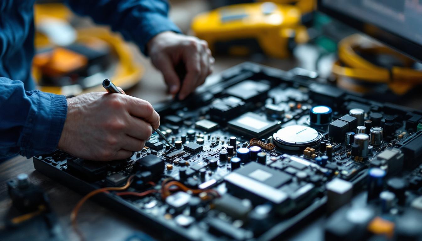 A photograph of a technician examining a flat screen led tv with tools in hand