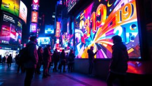 A photograph of a vibrant led signage board in a bustling urban setting