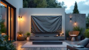 A photograph of a stylish outdoor setup featuring a weatherproof cover protecting a sleek led tv