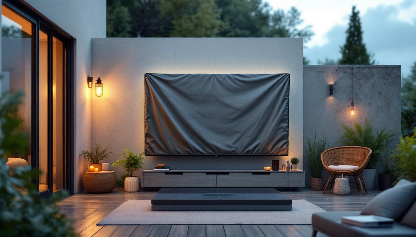 A photograph of a stylish outdoor setup featuring a weatherproof cover protecting a sleek led tv