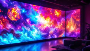 A photograph of a vibrant led display showcasing dynamic visuals