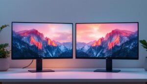 A photograph of a side-by-side comparison of an led monitor and an lcd monitor