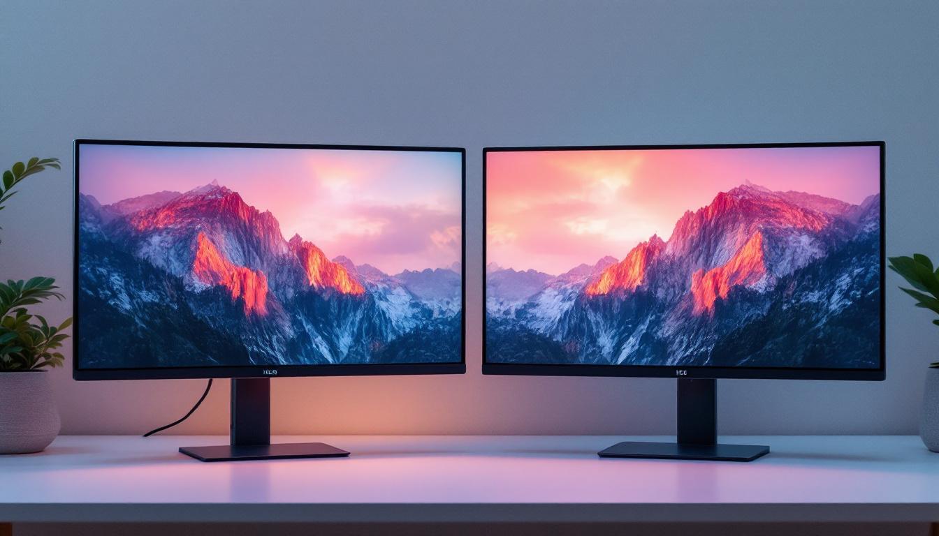 A photograph of a side-by-side comparison of an led monitor and an lcd monitor