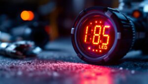 A photograph of a close-up of a vibrant led display in a power tool setting