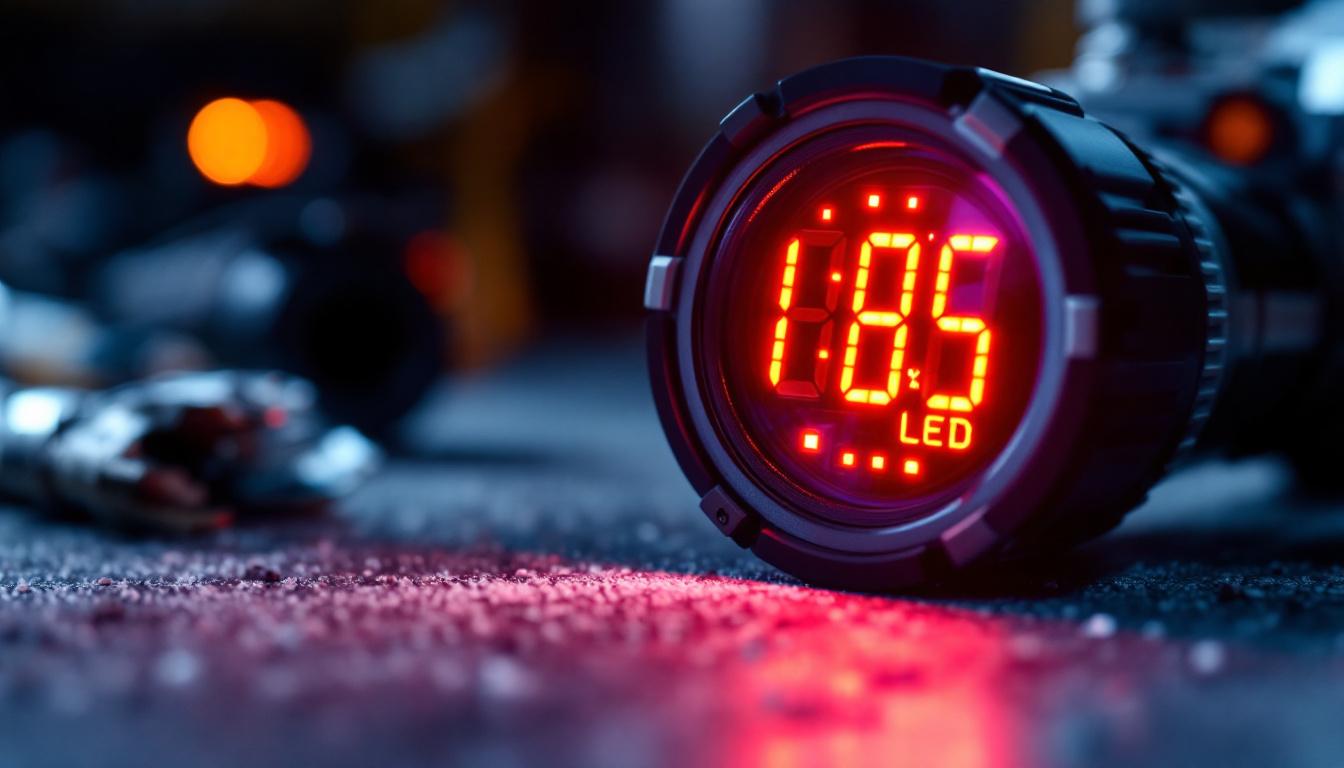 A photograph of a close-up of a vibrant led display in a power tool setting