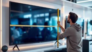 A photograph of a person measuring a tv screen with a tape measure