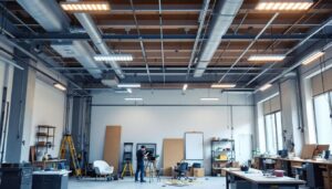 A photograph of a well-lit workspace showcasing a ceiling grid installation in progress