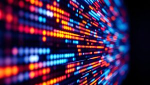 A photograph of a close-up shot of a vibrant led display in use