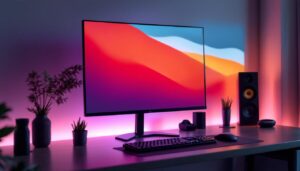 A photograph of a sleek 32-inch led monitor displayed on a modern desk setup