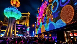 A photograph of capture a photograph of a vibrant led display in las vegas at night