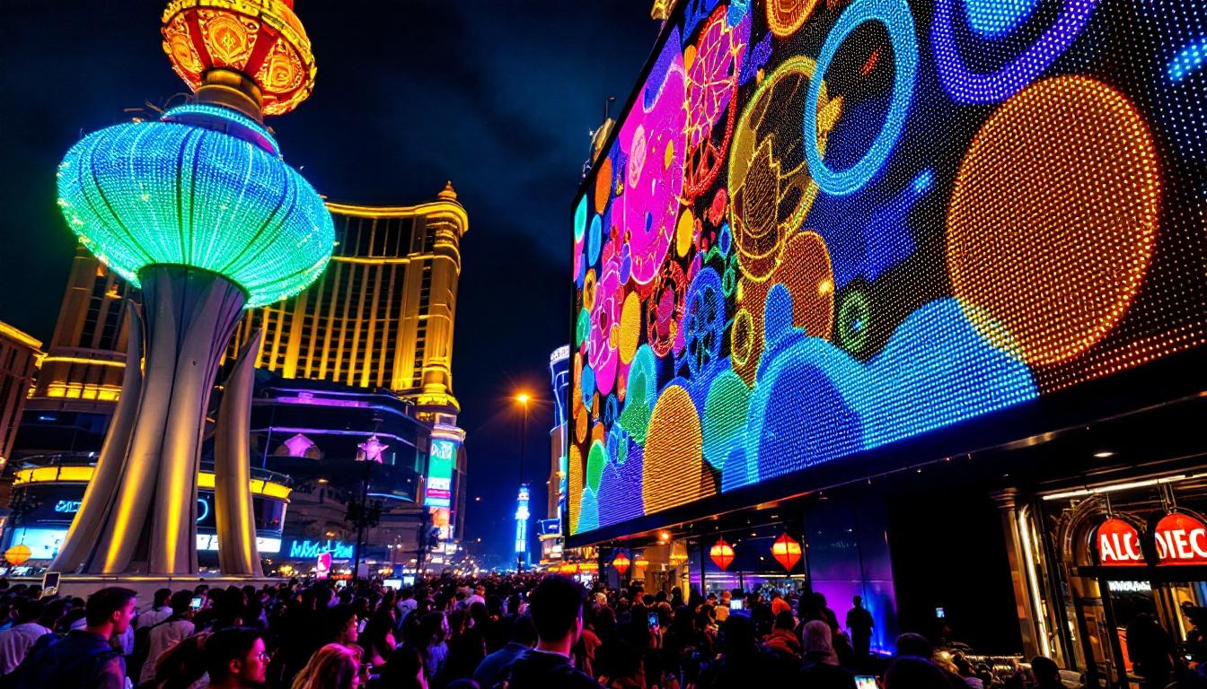 A photograph of capture a photograph of a vibrant led display in las vegas at night