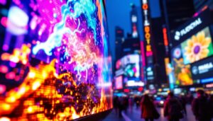 A photograph of a vibrant led display showcasing dynamic png video content