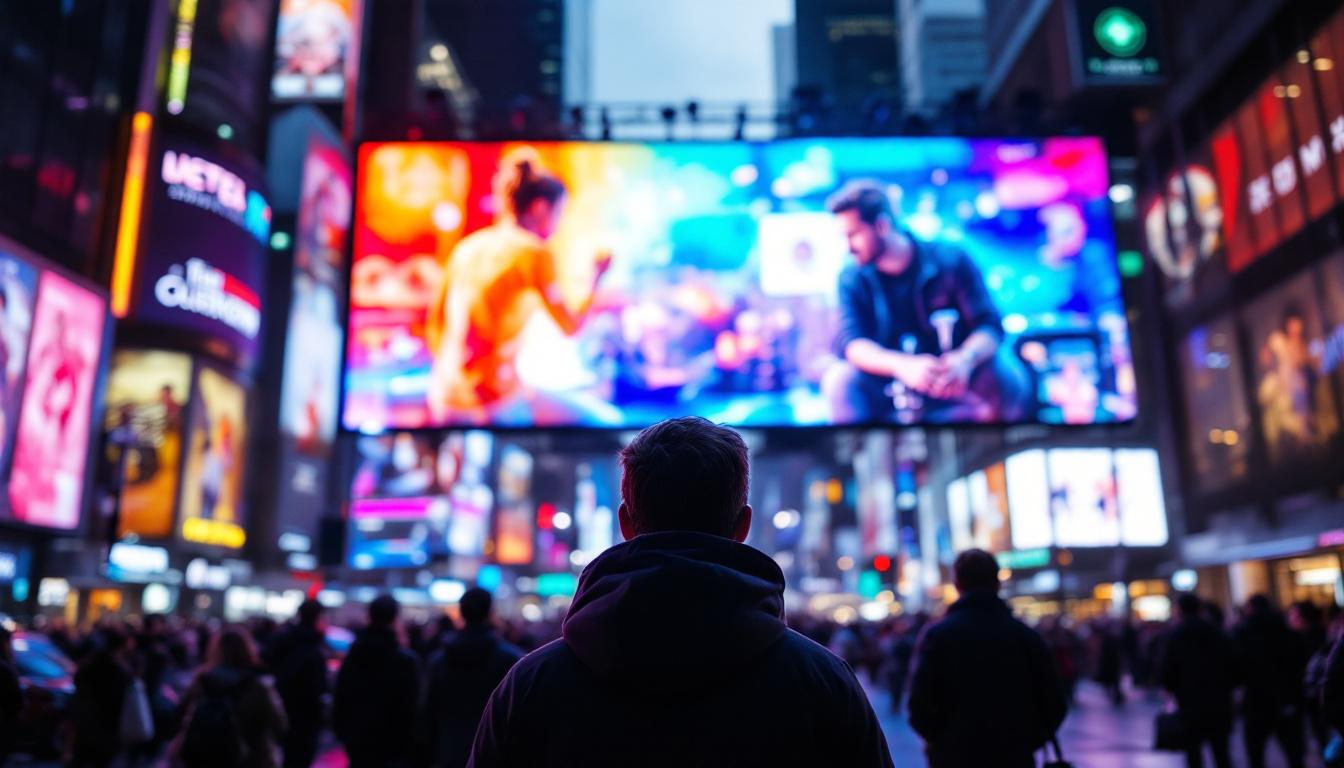 A photograph of a vibrant led display in a bustling urban setting