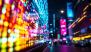 A photograph of a vibrant led display in an urban setting
