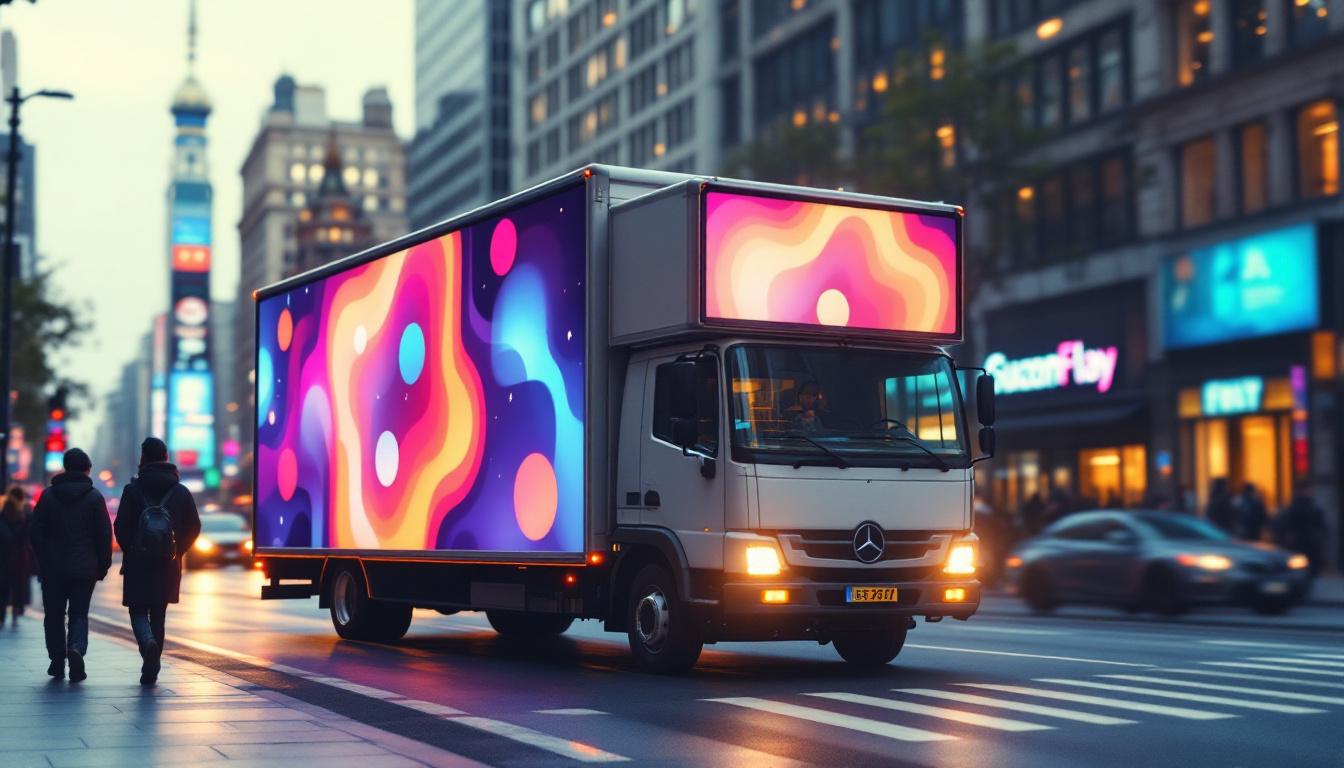 A photograph of a vibrant led mobile billboard truck in action on a busy city street