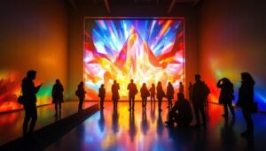 A photograph of a vibrant led display showcasing dynamic visuals in a modern art setting