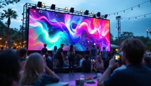 A photograph of a vibrant outdoor setting featuring a large led wall screen displaying dynamic visuals