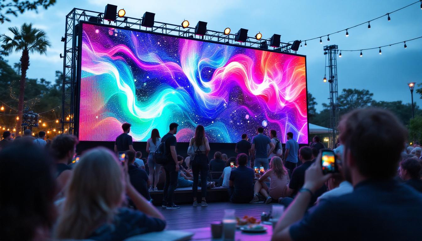 A photograph of a vibrant outdoor setting featuring a large led wall screen displaying dynamic visuals