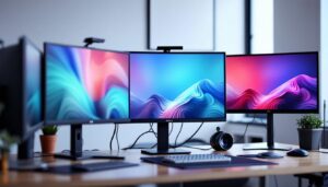 A photograph of a variety of standard led monitor sizes displayed side by side in a modern workspace