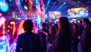 A photograph of capture a photograph of a vibrant led display panel showcasing dynamic visuals and engaging content in a lively setting