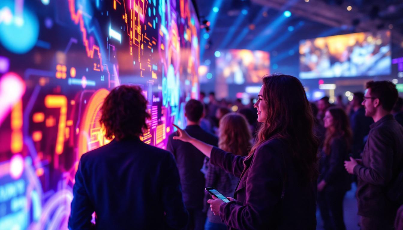 A photograph of capture a photograph of a vibrant led display panel showcasing dynamic visuals and engaging content in a lively setting