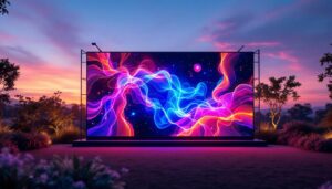 A photograph of a vibrant outdoor led display showcasing dynamic art in a weatherproof setting