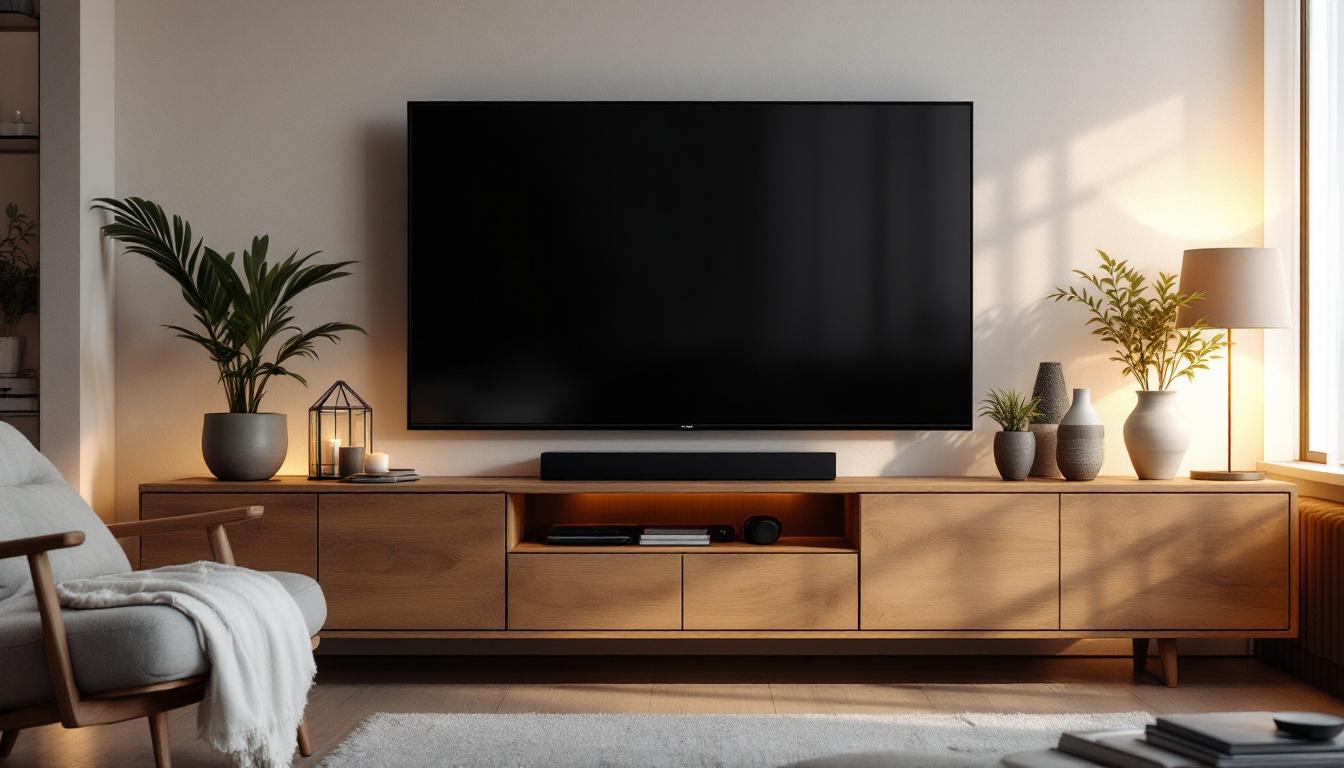 A photograph of a modern flat screen tv cabinet featuring a sleek led display