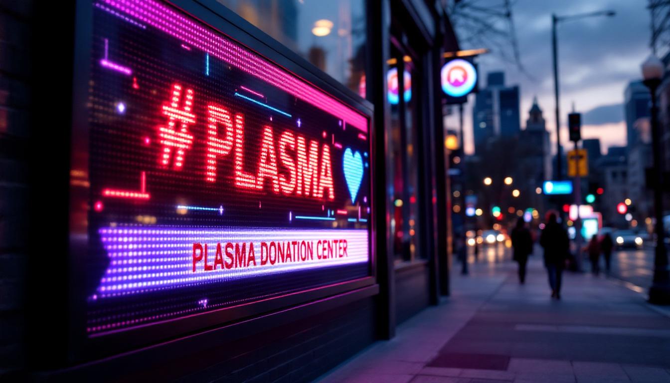 A photograph of capture a photograph of a vibrant led display advertising a plasma donation center in portland