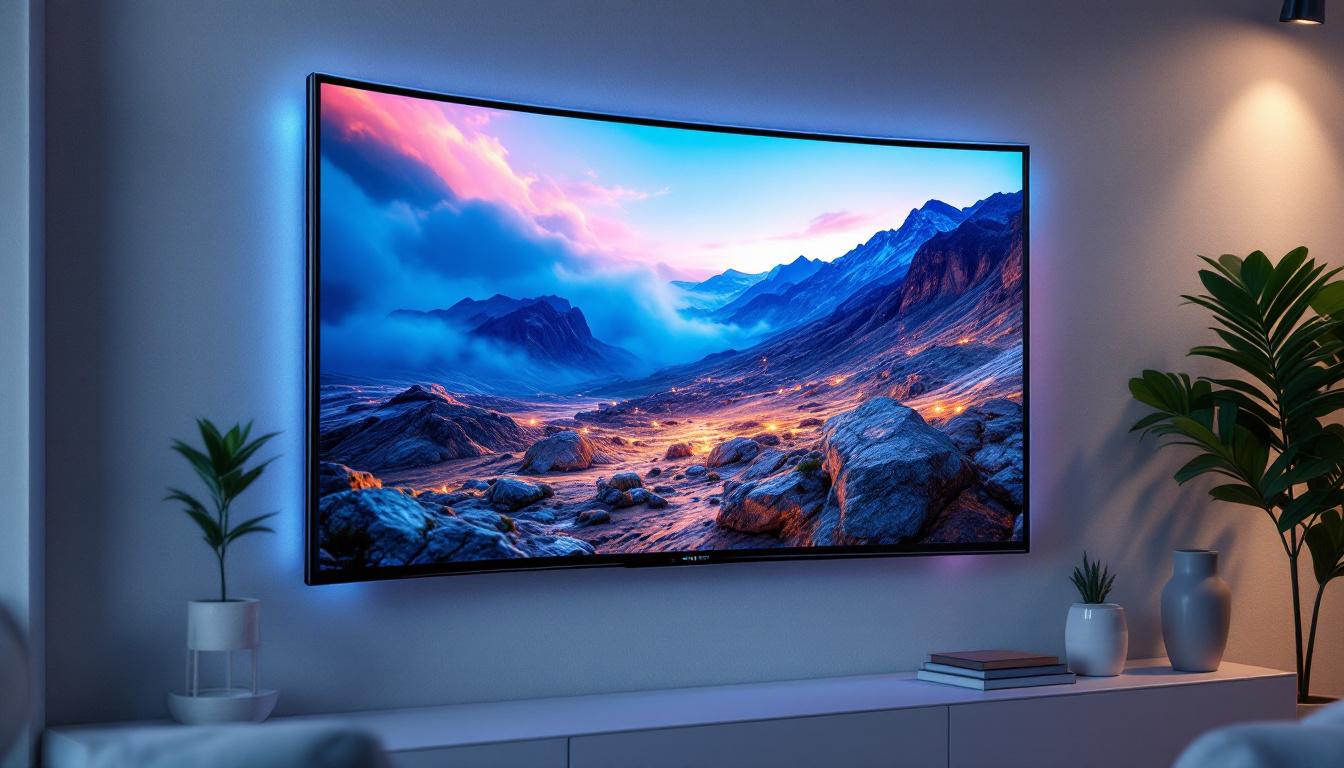 A photograph of a sleek curved tv mounted on a stylish wall