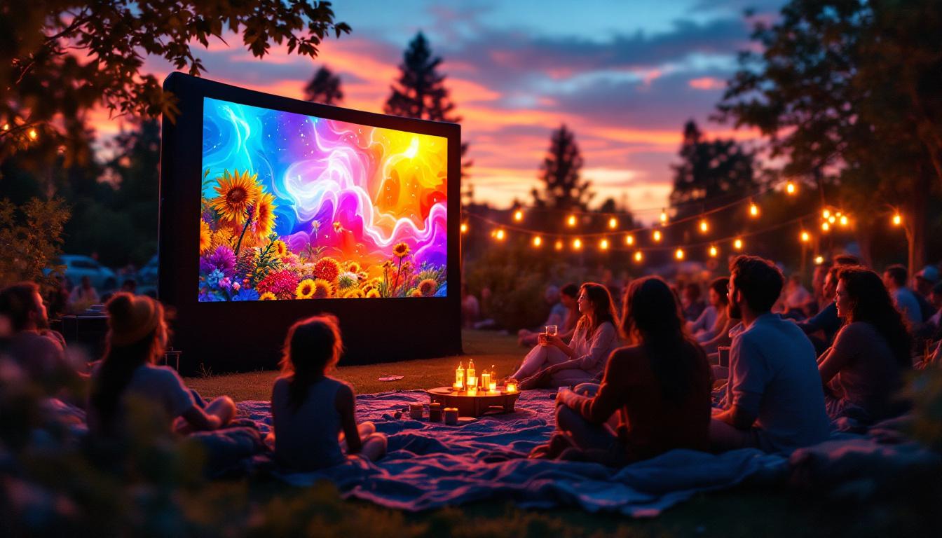 A photograph of a vibrant outdoor movie setup featuring a 4k led projector displaying a colorful film on a large screen