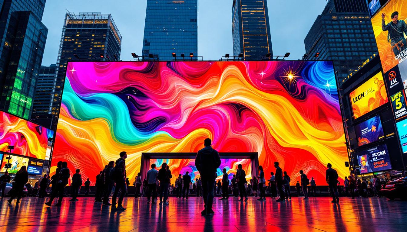 A photograph of a vibrant led display in a dynamic urban setting