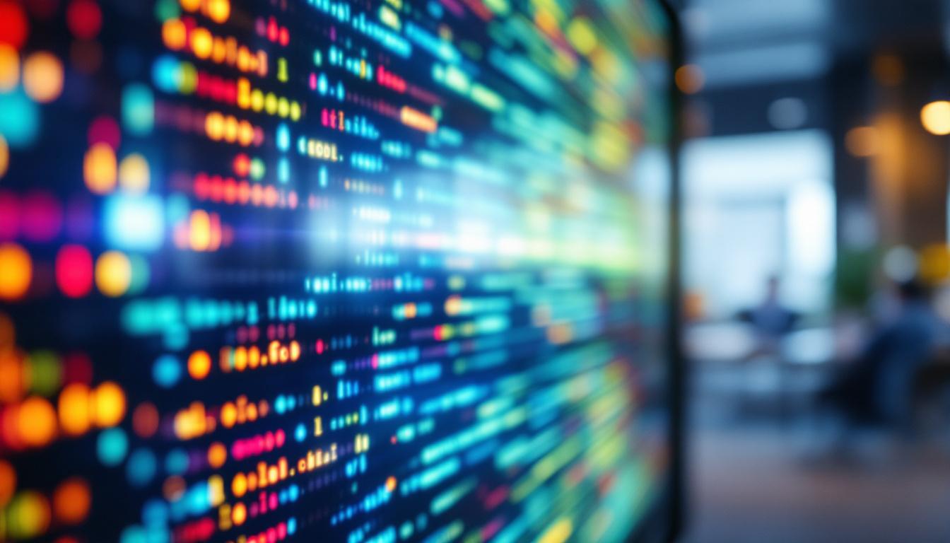 A photograph of a close-up of a privacy screen led display in a modern workspace