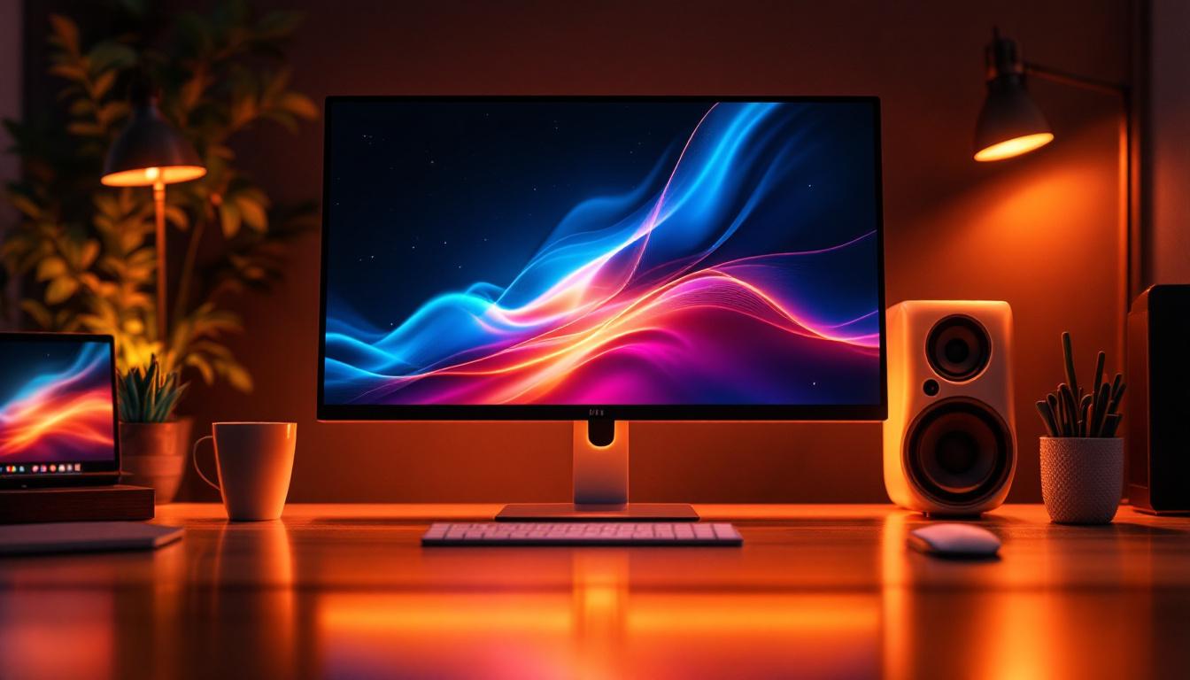 A photograph of a sleek desktop monitor displaying vibrant led graphics