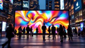 A photograph of capture a photograph of a vibrant digital sound wall in an urban setting