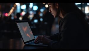 A photograph of capture a photograph of a person using a laptop or tablet in a public setting