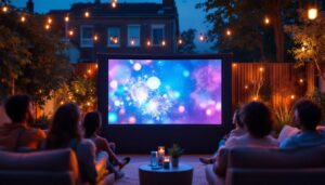 A photograph of a vibrant outdoor setting featuring a projector displaying a vivid led image on a screen