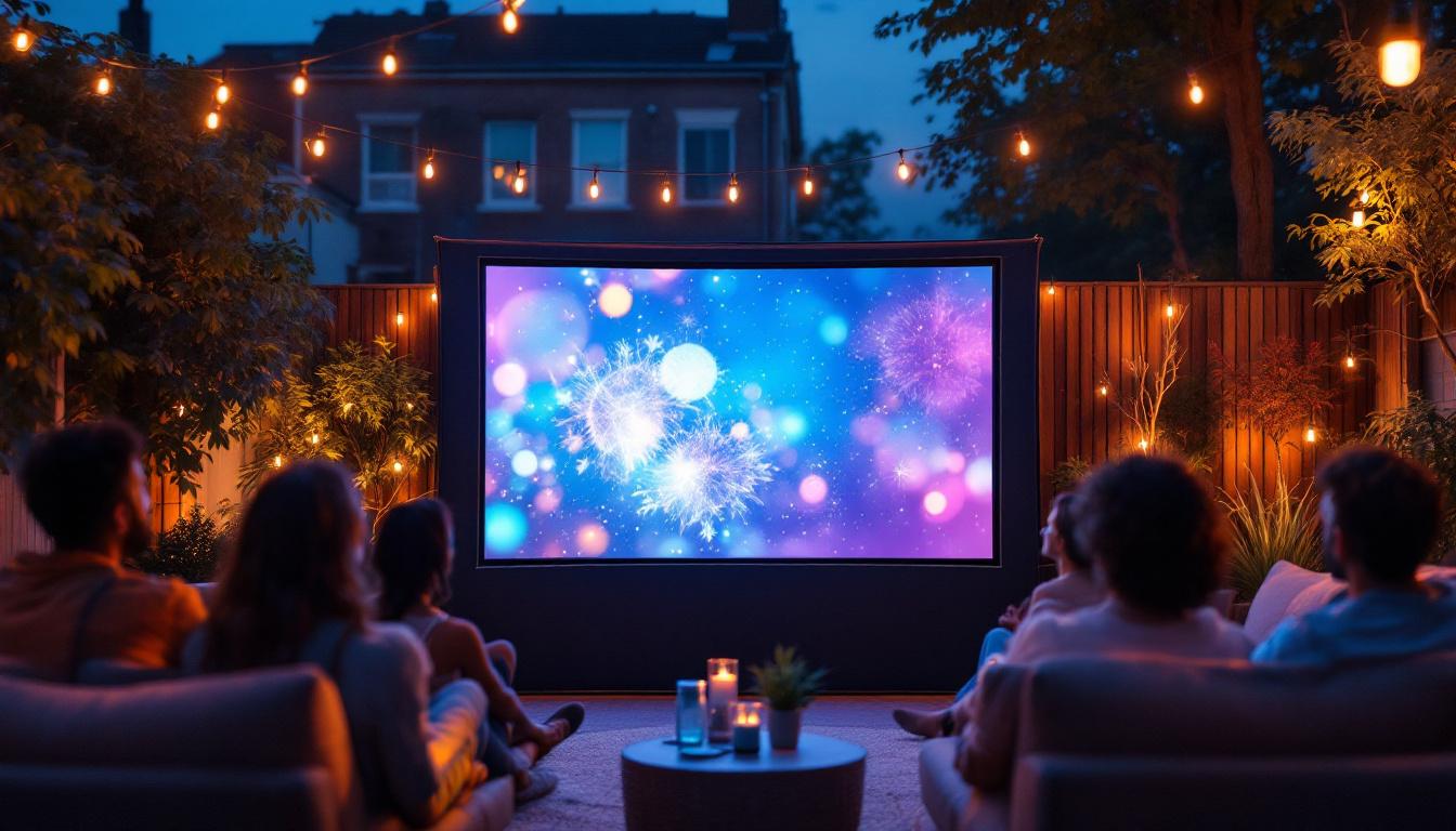 A photograph of a vibrant outdoor setting featuring a projector displaying a vivid led image on a screen