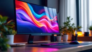A photograph of a sleek desktop pc setup featuring a vibrant led monitor displaying vivid colors and graphics