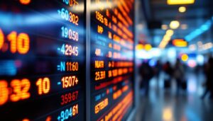 A photograph of a close-up of a vibrant led airport display board showing flight information