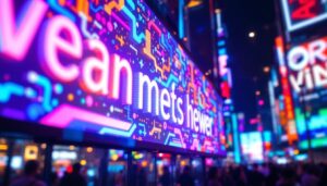 A photograph of a vibrant led display showcasing colorful animations or text in a dynamic urban setting