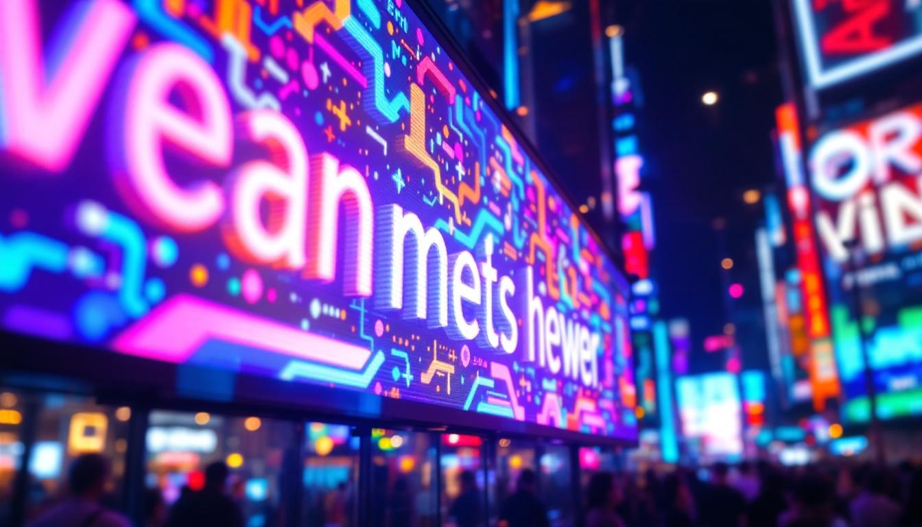 A photograph of a vibrant led display showcasing colorful animations or text in a dynamic urban setting