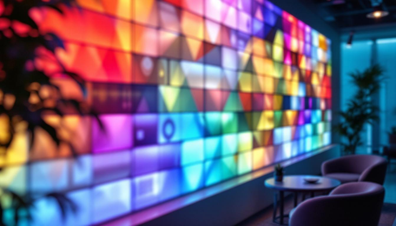 A photograph of a modern interior featuring vibrant led wall panels in use