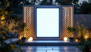 A photograph of a beautifully constructed privacy screen made of lattice
