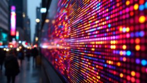 A photograph of a vibrant led display in a bustling urban setting